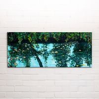 painting-landscape-river-reflection-leafs-green-blue-120cm-by-50cm